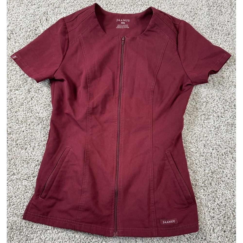 Jaanuu Womens Full Zip Scrub Top‎ Short Sleeve Burgundy XXS - Read